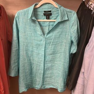 TAHARI teal linen shirt size Small